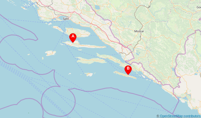 Map of ferry route between Stari Grad (Hvar) and Sobra (Mljet)
